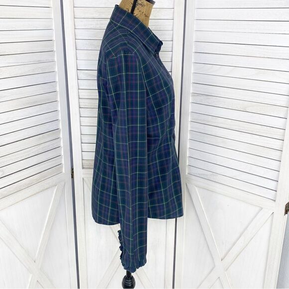 Tommy Hilfiger Plaid Ruffle Cuff Trim Button Front Shirt Green Navy Medium - Picture 3 of 15